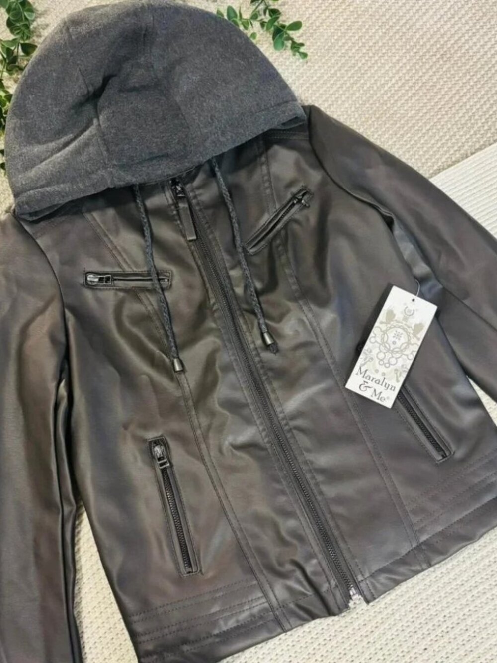 NWT Maralyn & Me Charcoal Faux Leather Moto Jacket with Hood - Size XS